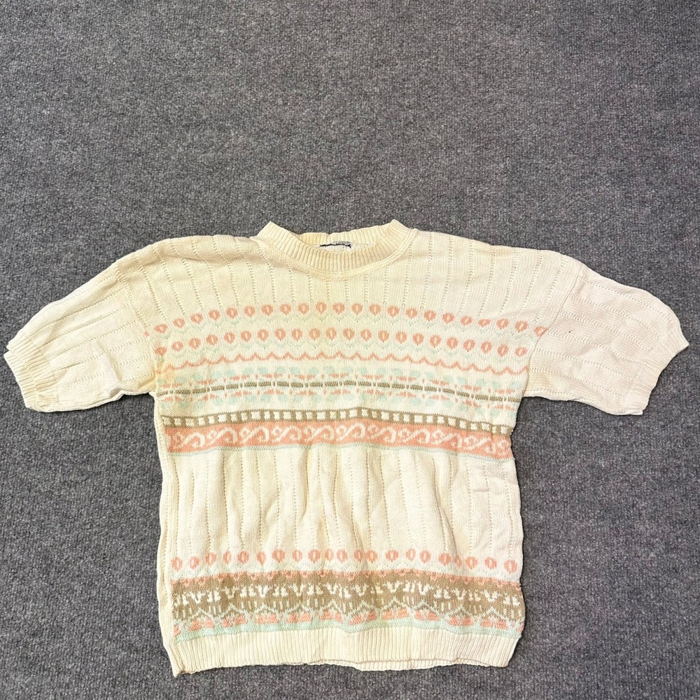 Cuddle Knit Sweater Womens Size S Cream Cotton Fair Isle Short Sleeve USA Made
